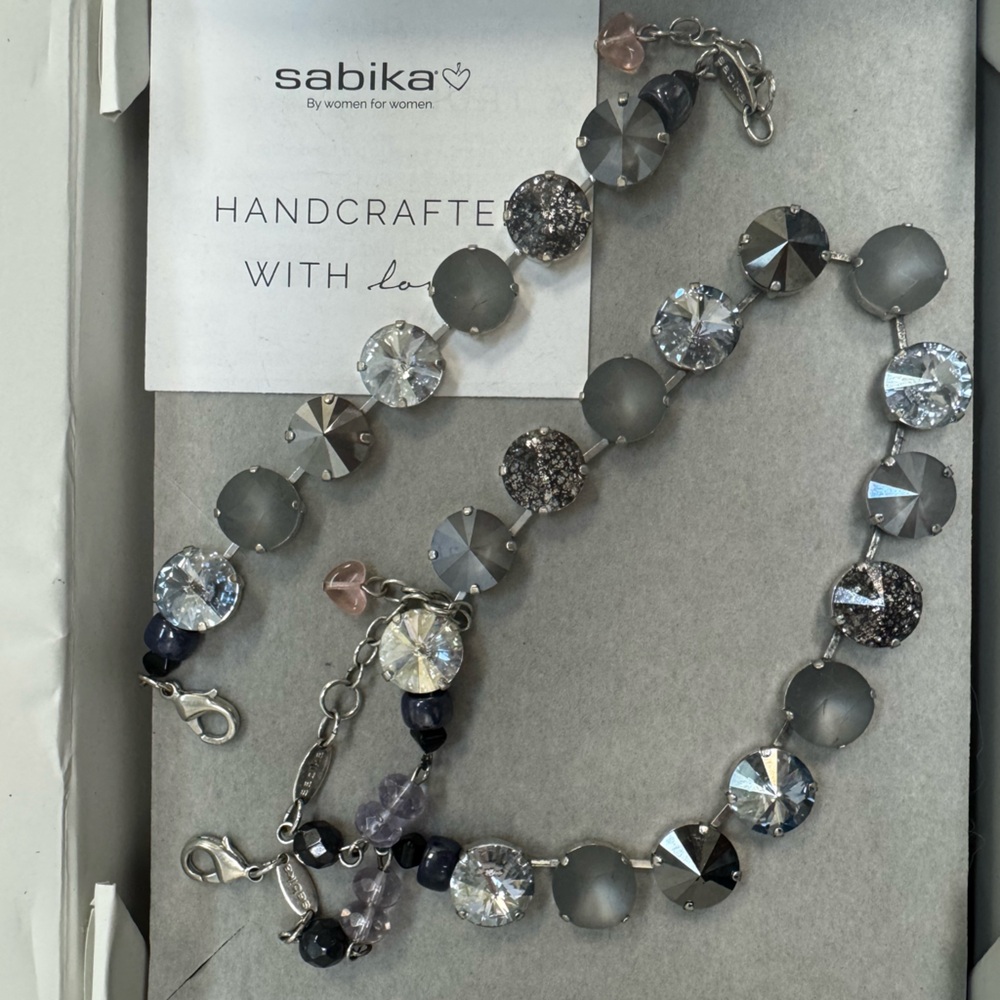 Sabika Large Stone Necklace and Bracelet set new in box gray/Clear.